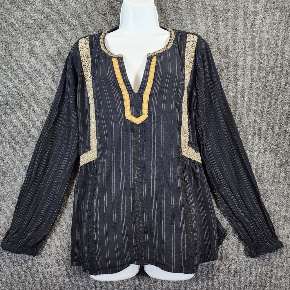 J.Jill Women Boho Peasant‎ Cottagecore Striped Embroidered Tunic Top XL